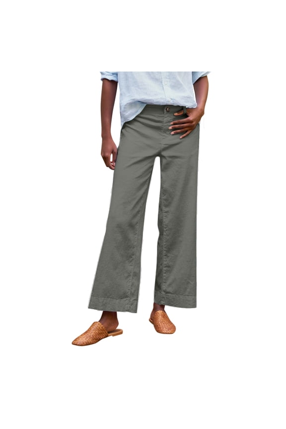 Teacher Pants for Women Wide Leg Petite Linen Pants Business Casual Work Pants High Waisted Flare Crop Pants Ankle Capris with Pockets Army Green S