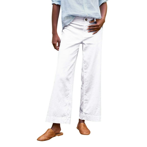 SKSloeg Teacher Pants for Women Cropped Linen Pants High Waisted Flare Wide Leg Capri Work Pants Business Casual Ankle Pants with Pockets White L