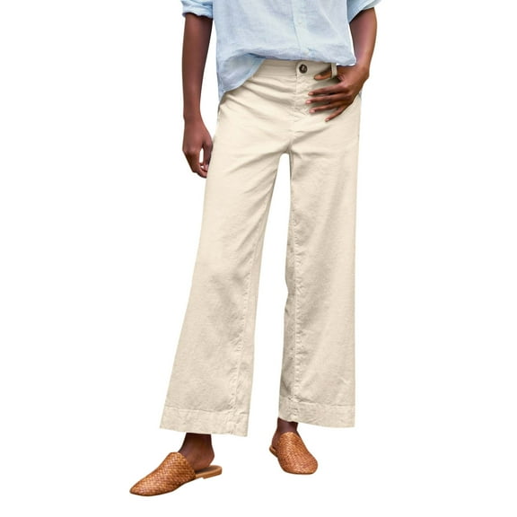 SKSloeg Teacher Pants for Women Cropped Linen Pants High Waisted Flare Wide Leg Capris Work Pants Business Casual Ankle Pants with Pockets Khaki L