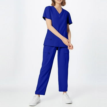 SKSloeg Uniformes De Enfermeras De Mujer Slim Fit V-Neck Medical Scrubs Top &joggers Pants Scrubs Set Stretch Scrubs Medical Uniform Multiple Pockets Royal Blue L