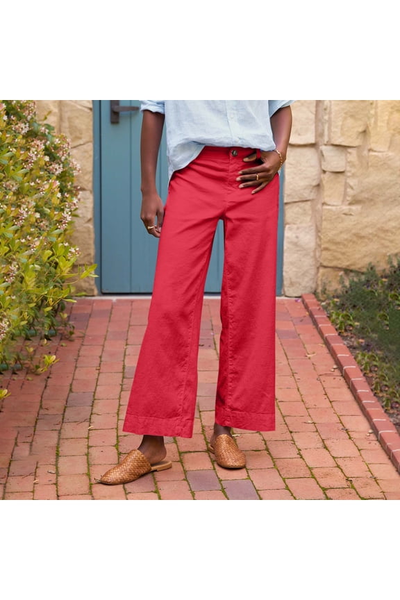 Wide Leg Pants Women Petite Length Flare Plus Size Capri Work Pants Business Casual Crop Linen Pants High Waisted Teacher Ankle Pants with Pockets Red S