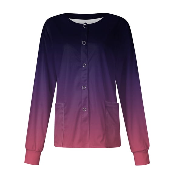 SKSloeg Women Scrub Jackets, Women Long Sleeve Pocket Working Stand-up Collar Gradient Tie Dye Single-breasted Protective Cardigan Jacket Top Dark Purple 2XL