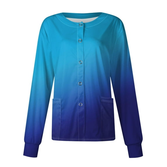 SKSloeg Women Scrub Jackets, Women Long Sleeve Pocket Working Stand-up Collar Gradient Tie Dye Single-breasted Protective Cardigan Jacket Top Light Blue S