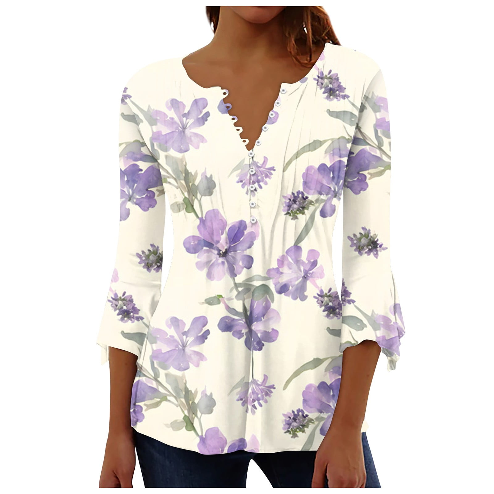 Pkabogbi Women's Bell Sleeve V-Neck Top - 3/4 Sleeve Loose Pleated Blouse For Summer & Casual Work Wear - View #6