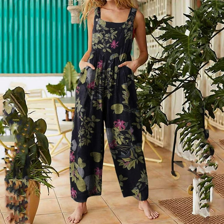 Casual Print Patchwork Strap Design U Neck Loose Rompers Casual Print Patchwork Strap Design U Neck Loose Rompers