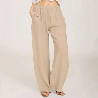 SKSloeg Women's Linen Wide Leg Pants High Elastic Waisted in The Back Business Linen Trousers Long Straight Suit Pants with Pockets Khaki XL