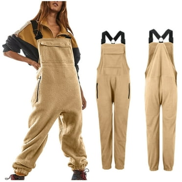 SKSloeg Women's One-piece Warm Fleece Overalls Casual Loose Fit Bib Jumpsuits with Zipper Pockets Fall Winter Khaki M