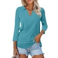 thumbnail image 1 of SKSloeg Women's Polo Shirts Plus V Neck Johnny Collar Business Casual Tops 3/4 Length Sleeve Lightweight Collared Tops Summer Work Basic Tees Tops Cyan XXL, 1 of 4