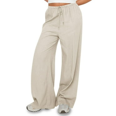 SKSloeg Women's Wide Leg Linen Pants High Elastic Waisted in The Back Business Linen Trousers Long Casual Pant with Pockets Beige XXL