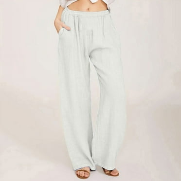 SKSloeg Women's Wide Leg Suit Pants Loose Fit High Elastic Waisted Business Casual Linen Long Trousers Pant with Pockets White L