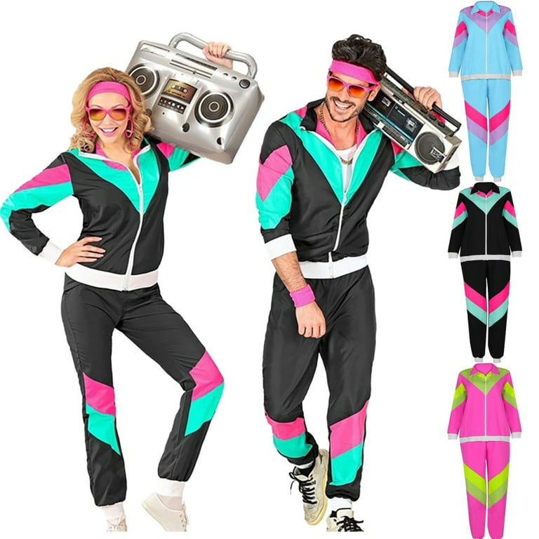 SKSloeg Womens 80s Outfit 80s Tracksuit Retro Outfit for Women Men Disco Kit Shell Suit Accessories Set Rave Jacket Colorblock Windbreaker Set Walmart