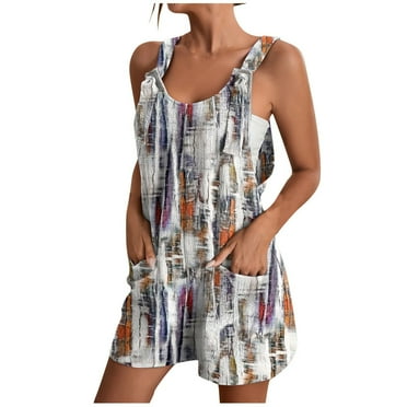 SKSloeg Womens Black Romper Summer Casual Sleeveless Shorts Overalls Loose Plus Size Suspenders Romper with Pocket Beige S