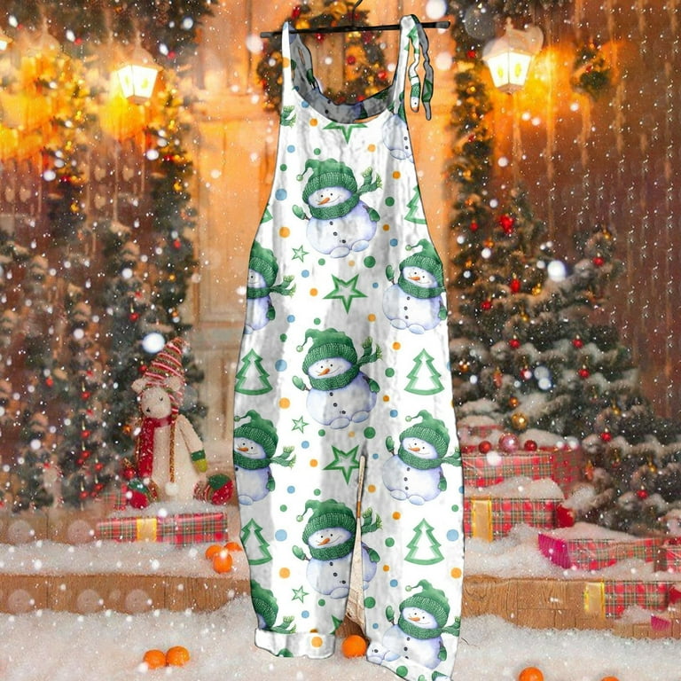 SKSloeg Womens Christmas Overalls Wide Leg Loose Christmas Jumpsuits  Adjustable Spaghetti Strap Cute Snowman Print Overalls Casual Cotton Linen