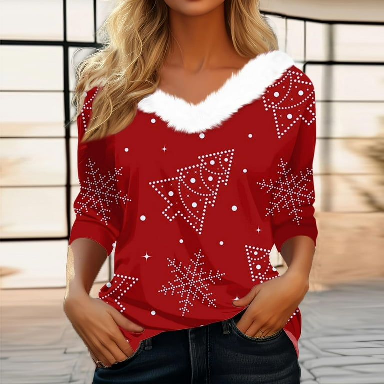 SKSloeg Womens Christmas Shirts Fur Trim Collar V-Neck Christmas Tree  Printing Blouse Long Length Sleeve Loose Fit Tops Dressy Casual T-Shirt  Xmas Graphic Tees Wine XL 