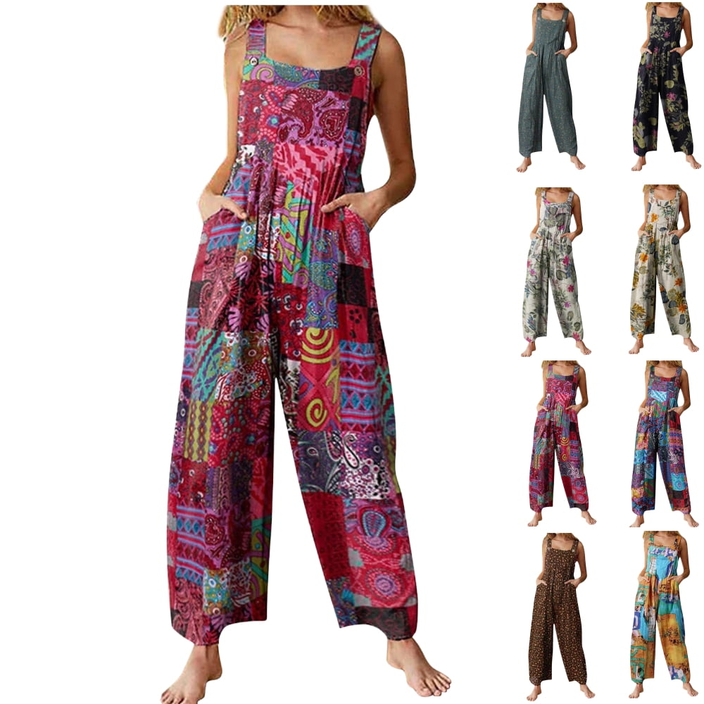 SKSloeg Womens Coveralls Patchwork Summer Fashion Cotton Linen Overalls ...