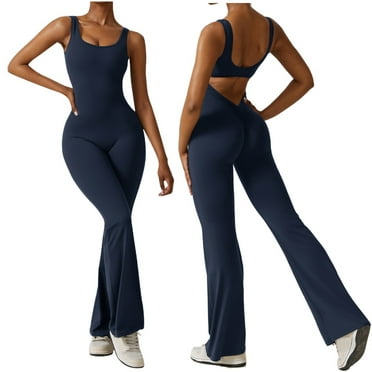 SKSloeg Womens Jumpsuits Dressy Flare Leg One Piece Jumpsuits with Bra Square Neck Sleeveless V Back Backless Sexy Playsuit Bodycon Tummy Control Workout Romper Blue S