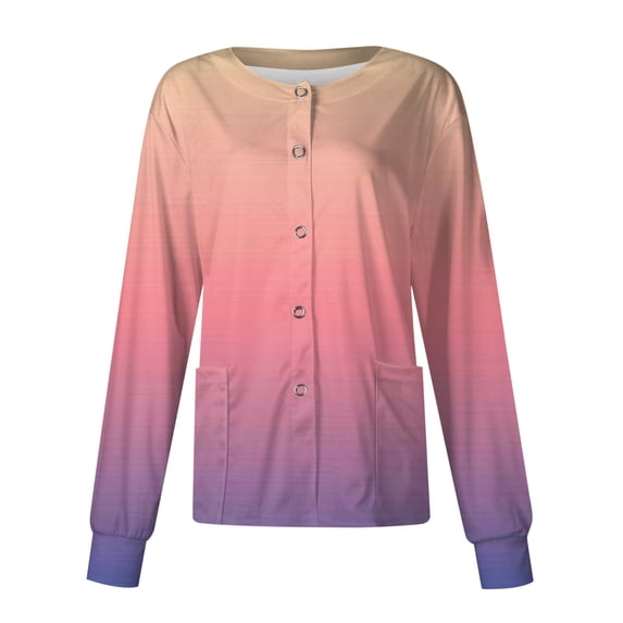 SKSloeg Womens Scrub Jackets, Women Long Sleeve Pocket Working Stand-up Collar Gradient Tie Dye Single-breasted Protective Cardigan Jacket Top Pink 3XL