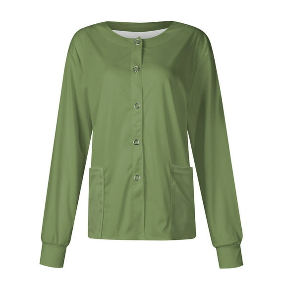 SKSloeg Womens Scrub Jackets, Women Long Sleeve Pocket Working Stand-up Collar Solid Color Single-breasted Protective Cardigan Jacket Top Army Green 2XL