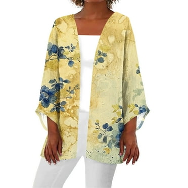 SKSloeg Womens Summer Cardigan 3/4 Sleeve Cardigans Plus Size Lightweight Open Front Shrug Cardigan Floral Print Dressy Draped Oversized Cardigans with Pockets Yellow 4XL