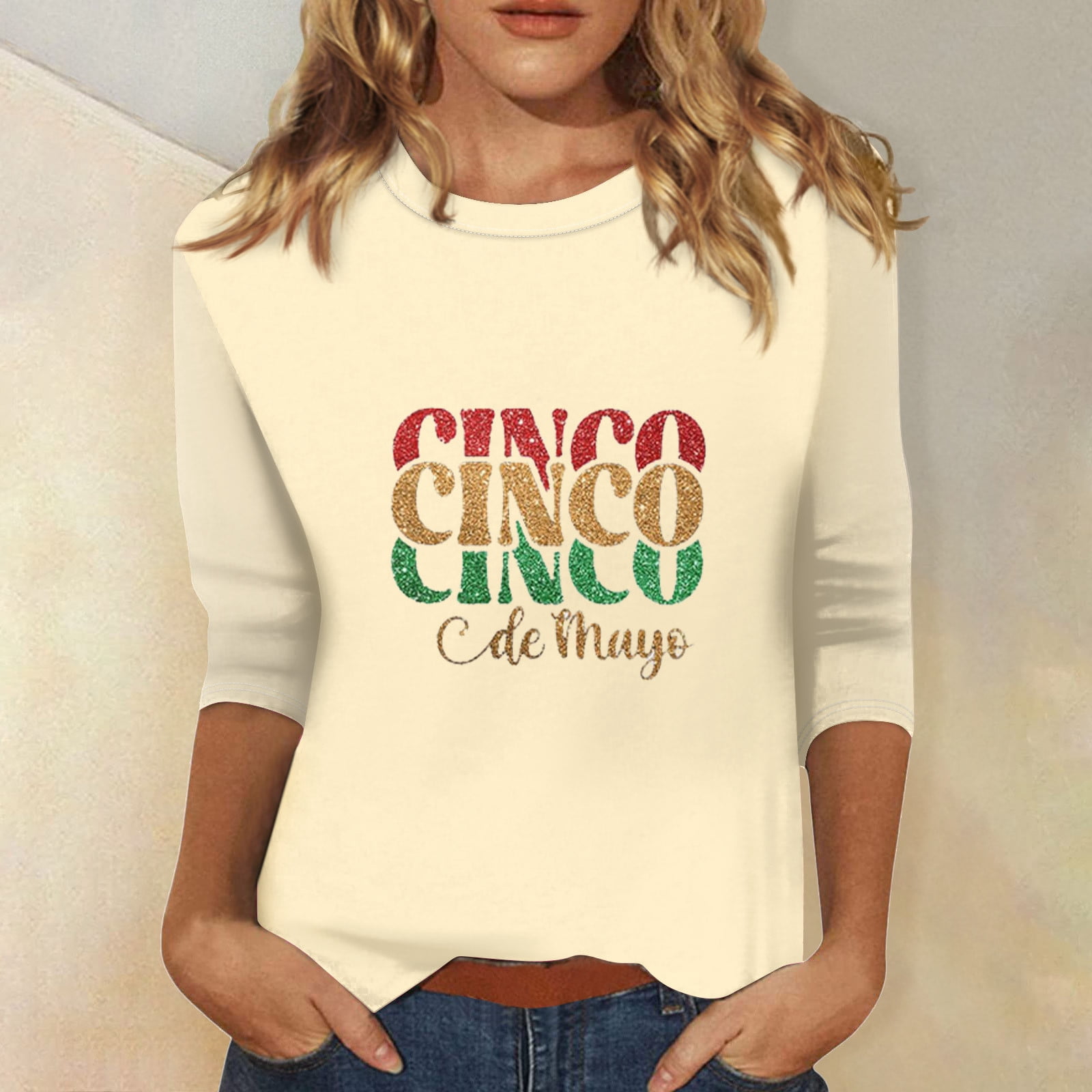 SKSloeg Womens Tops 3/4 Sleeve Crewneck T Shirts Flowy Letter Print