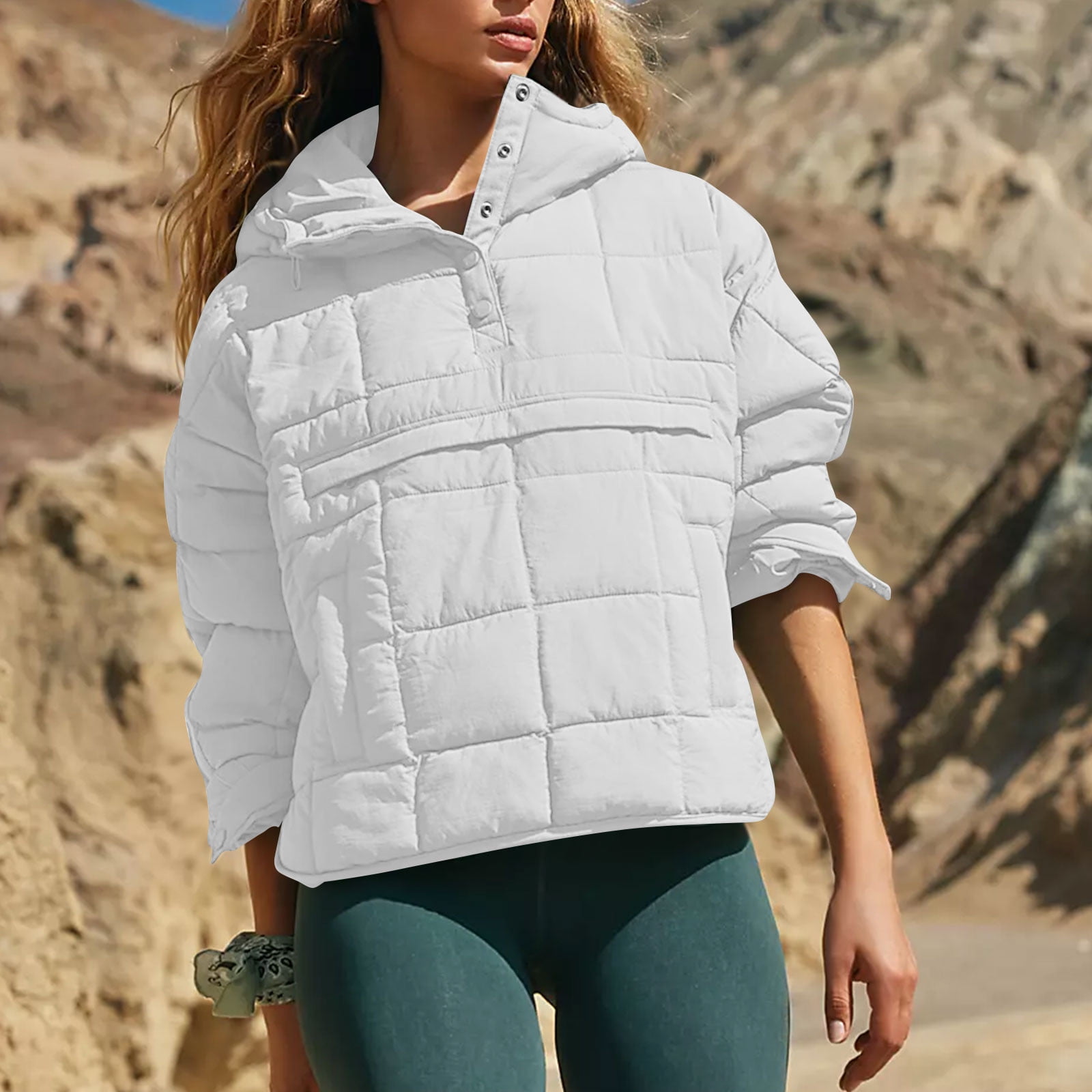 SKSloeg Womens Winter Coats Hooded Puffer Jacket Oversized Lightweight Long  Sleeve Pullover Packable Button Down Quilted Tops Coat with Pocket White