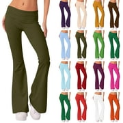 SKSloeg Yoga Pants Women Bell Bottom Bootcut Yoga Pants Wide Leg Flare Leggings Low Rise Fold Over Workout Pants Tummy Control Work Pants Beige XL