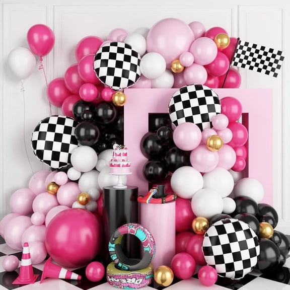 SKTMH 112 Pcs Race Car Balloon Garland Race Car Party Decorations Pink White Black Balloon Arch Checkered Balloons Racing Car Party Decorations Fast One Party Decorations Two Fast Party Decorations