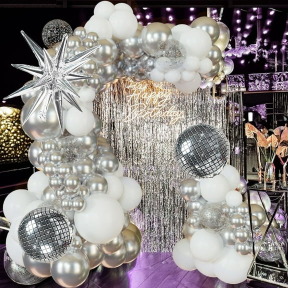 SKTMH 124 Pcs Disco Balloon Garland Disco Birthday Decorations Disco Party Decorations Disco Balloon Arch Silver White Balloon Arch Disco Balloons White Silver Balloons 80s 90s Party Decorations