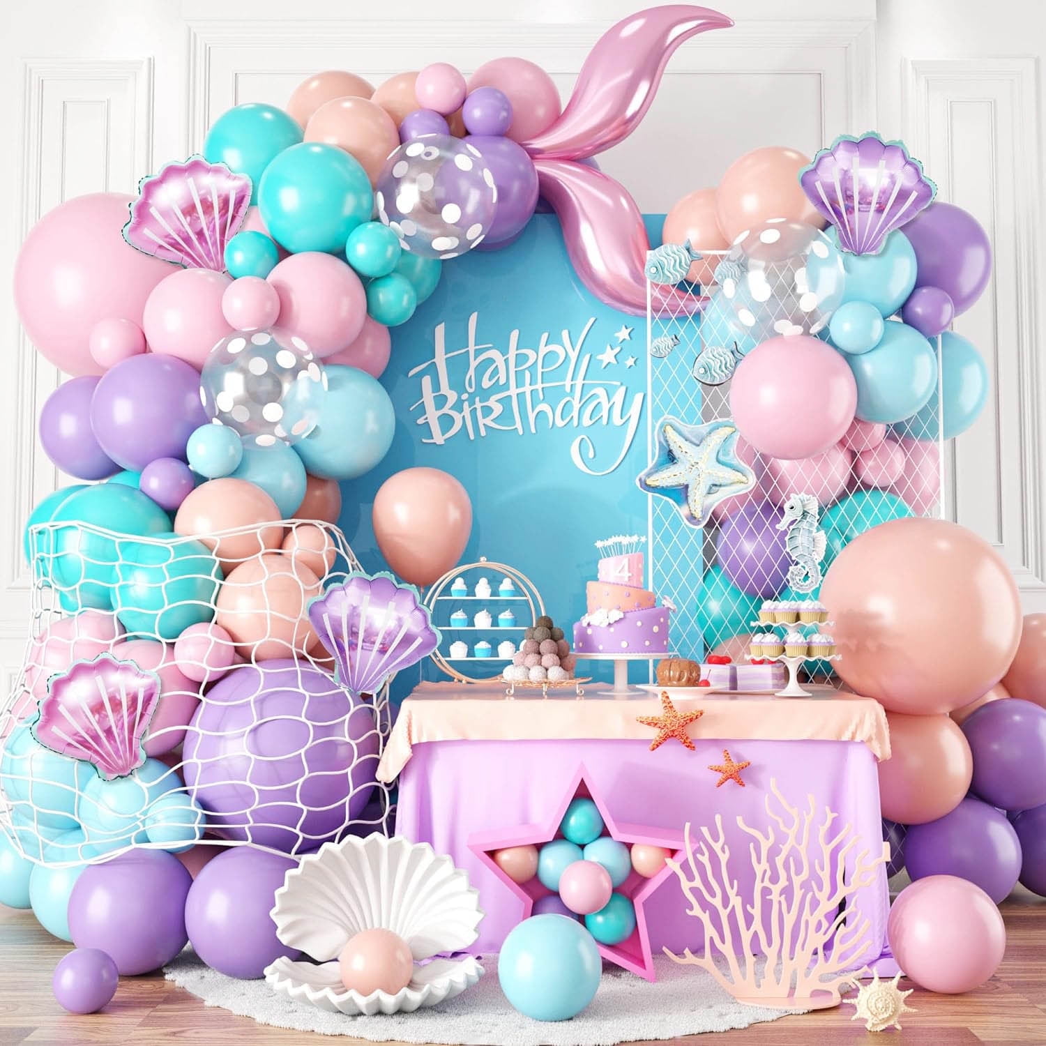 SKTMH 127Pcs Mermaid Balloon Garland Mermaid Party Decorations Purple Pink Blue Balloon Arch Mermaid Tail Balloon Arch Shell Foil Balloons Mermaid Birthday Decorations Under The Sea Party Decorations
