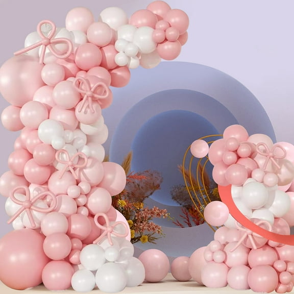 SKTMH 128Pcs Bow Balloon Garland Arch Kit Bow Party Supplies Coquette Birthday Decorations Pink White Balloon Garland Pink White Balloons for Wedding Women Girls Bachelorette Bow Party Decorations
