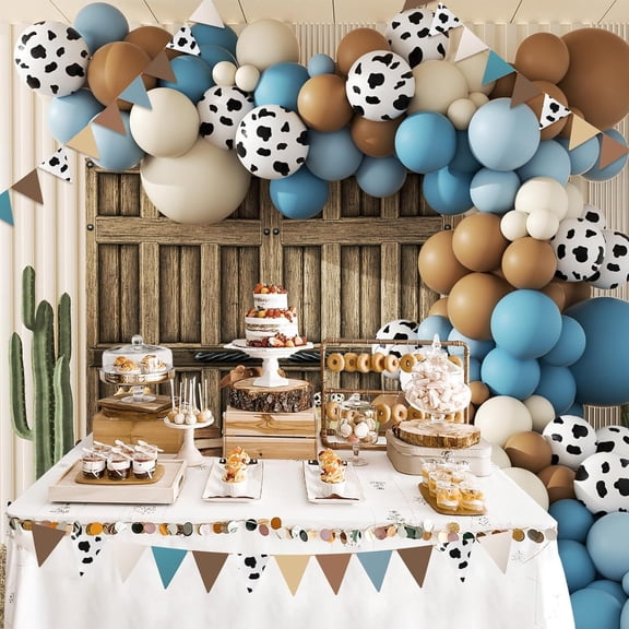 SKTMH 136 Pcs Cow Balloon Garland Arch Kit Cow Party Decorations Brown Balloon Garland Brown Slate Blue Dusty Blue Sand White Cow Print Balloons for Farm Animal WesternCow Birthday Decor Baby Shower
