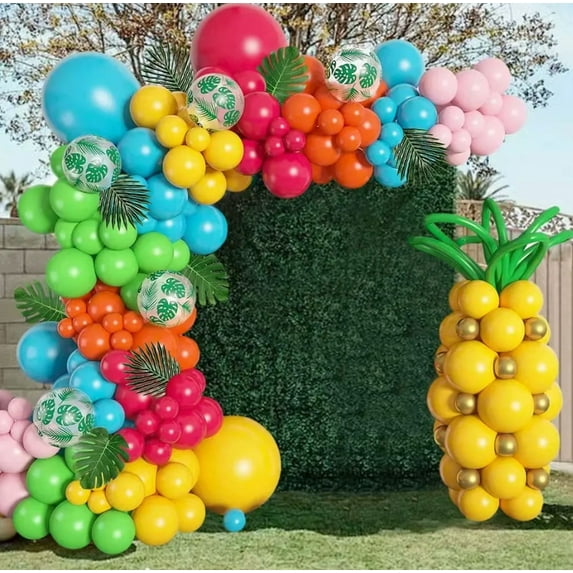 SKTMH Tropical Balloon Garland Arch Kit Tropical Party Decorations Hot Pink Green Yellow Balloon Arch Orange Yellow Blue Balloon Palm Leaves for Jungle Summer Beach Aloha Hawaiian Luau Party Supplies
