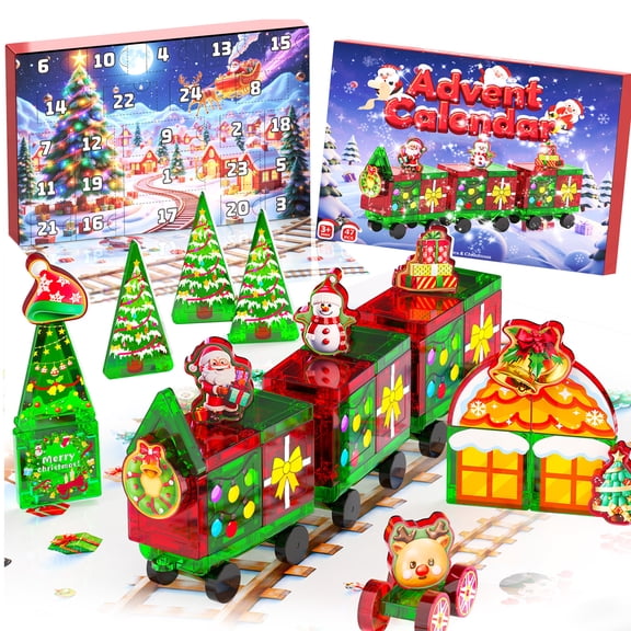 SKTMYY Magnetic Tiles Advent Calendar 2026, Christmas Countdown Gifts for Kids 24 Days of Surprises Gifts, Santa Claus, Train set, Magnet Building Blocks, Christmas Toys for 3+ Year Old Boys & Girls
