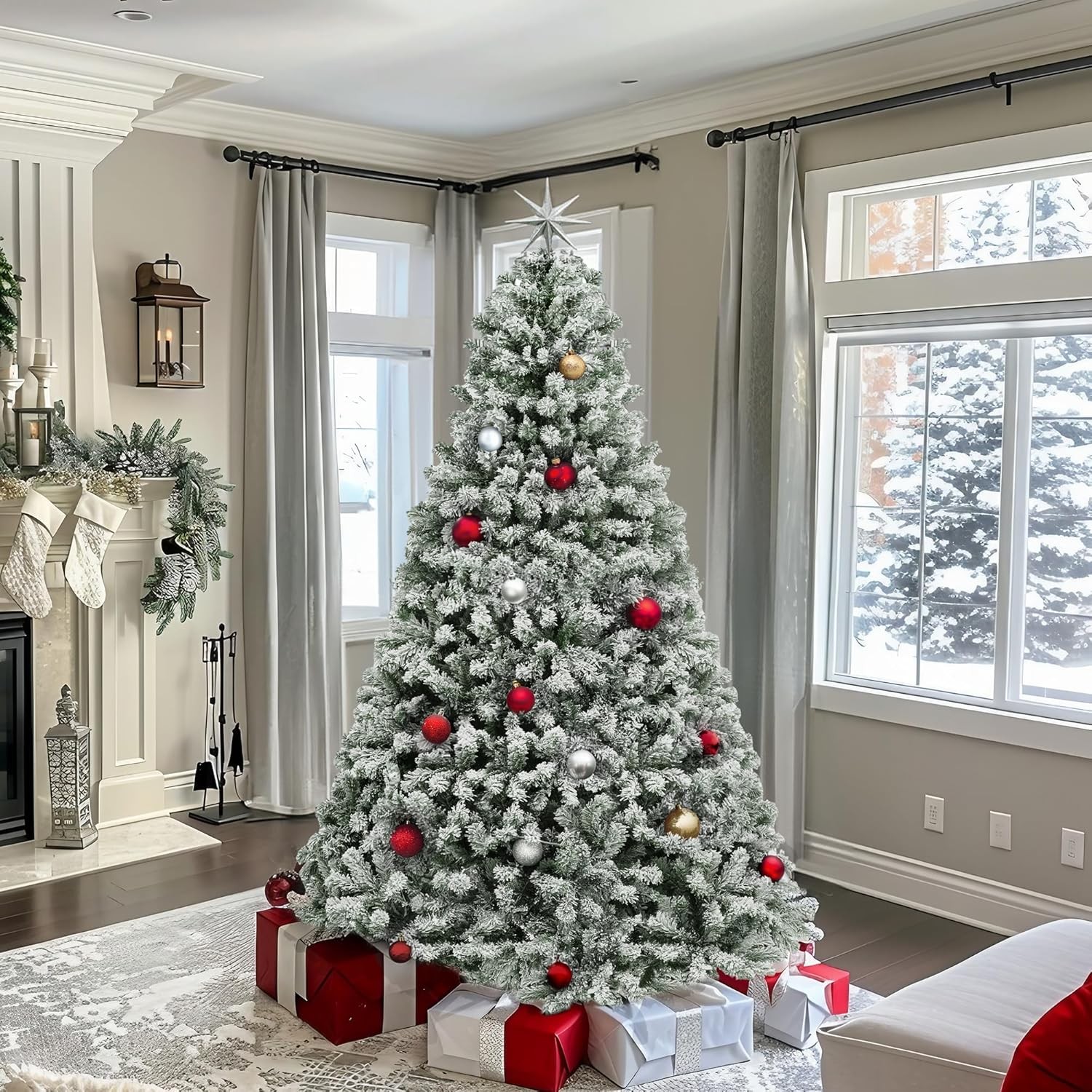 SKTPI Flocked Artificial Christmas Tree with 880 Bendable Tips, Pre