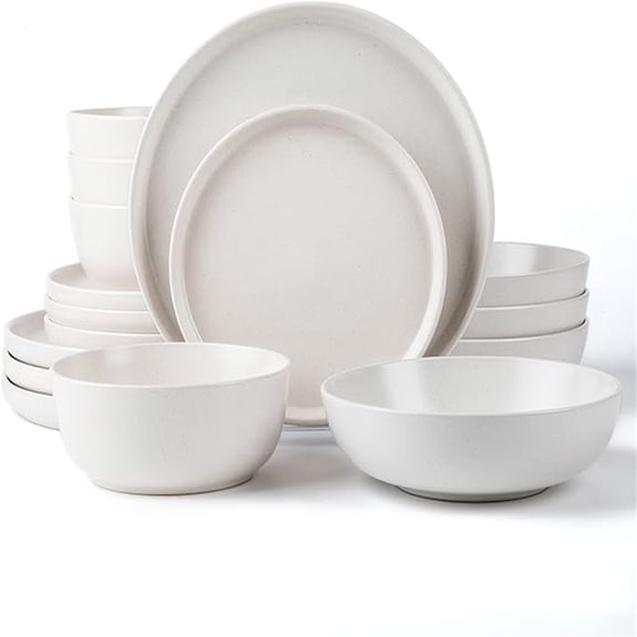 "Round Stoneware 16pc Double Bowl Dinnerware Set for 4, Dinner and Side Plates, Cereal and Pasta Bowls - Matte White(466077) "
