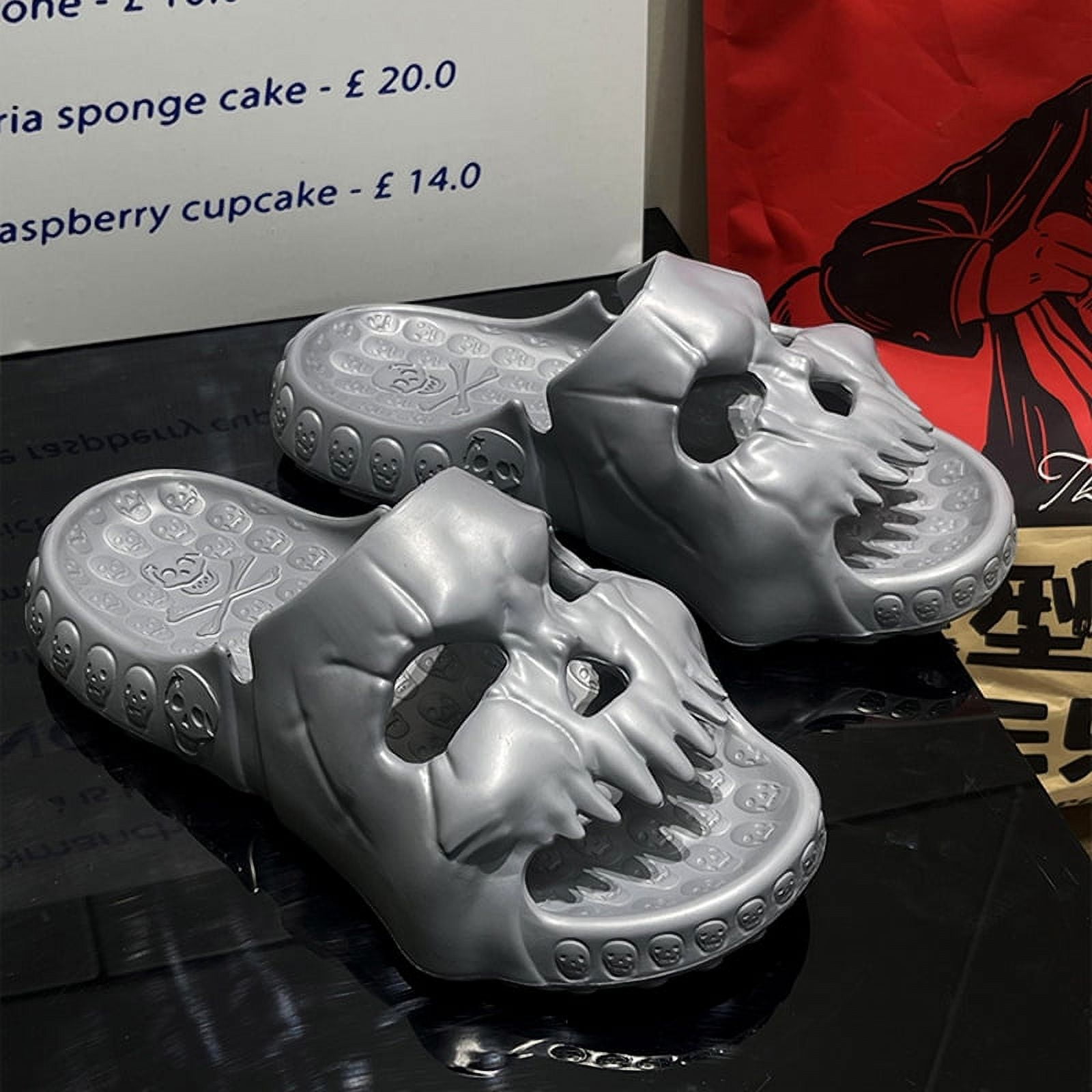 SKULL DESIGN SINGLE BAND SLIDES Thick soled non slip EVA sandal