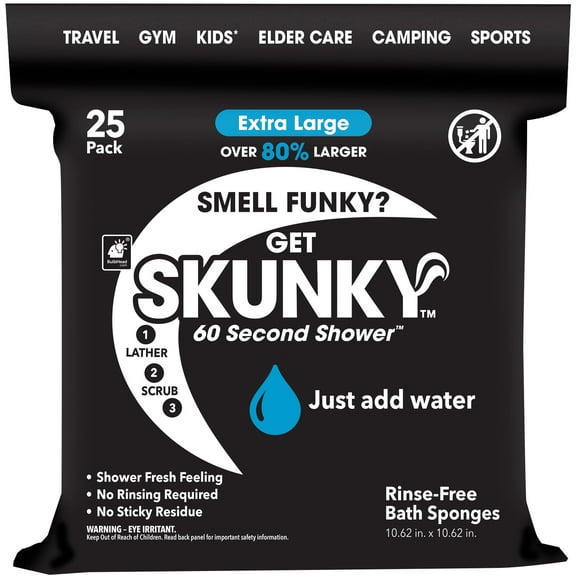 Skunky XL 82% Larger Disposable Rinse-Free Bathing Sponge Wipes, AS-SEEN-ON-TV, Cleans Without a Shower, Just Add Water, Lather, Scrub & Dry With No Sticky Residue, Gym, Elder Care, Kids & More