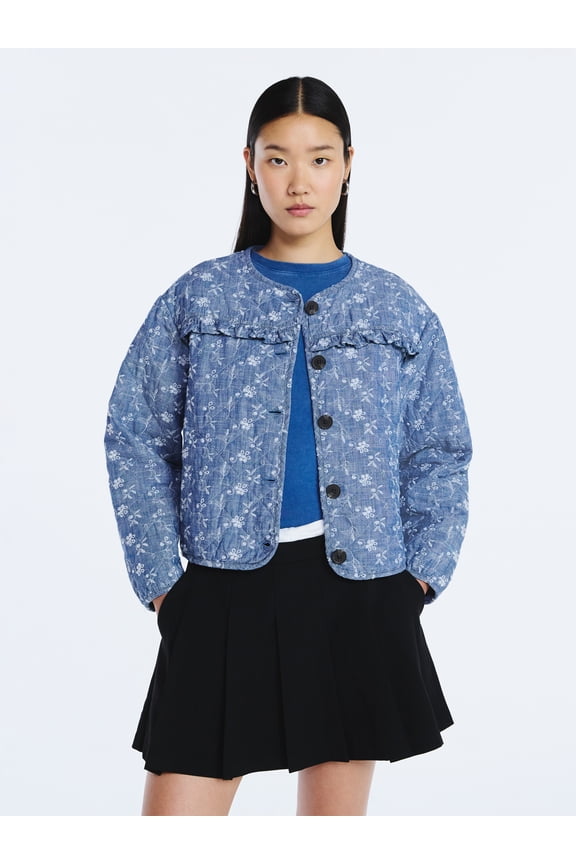 Women's Cotton Eyelet Jacket with Puff Sleeves, Sizes XS-4X