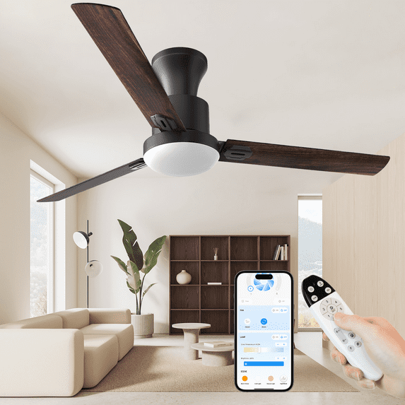 SKVEVN Ceiling Fans with Lights, 42 inch Flush Mount Ceiling Fan with Light and Remote Control Reversible Dimmable Noiseless Ceiling Fan for Bedroom Indoor/Outdoor