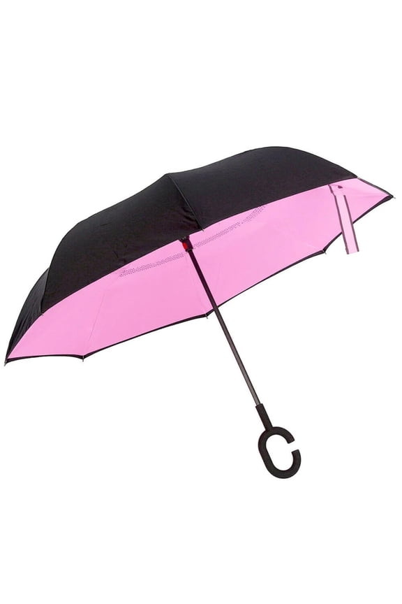 Reverse Umbrella Long Handle C Shaped - Hand-Open Reverse Umbrella for Rain and Sun, Straight Pole Compact, Windproof Sunny Umbrella,Pink