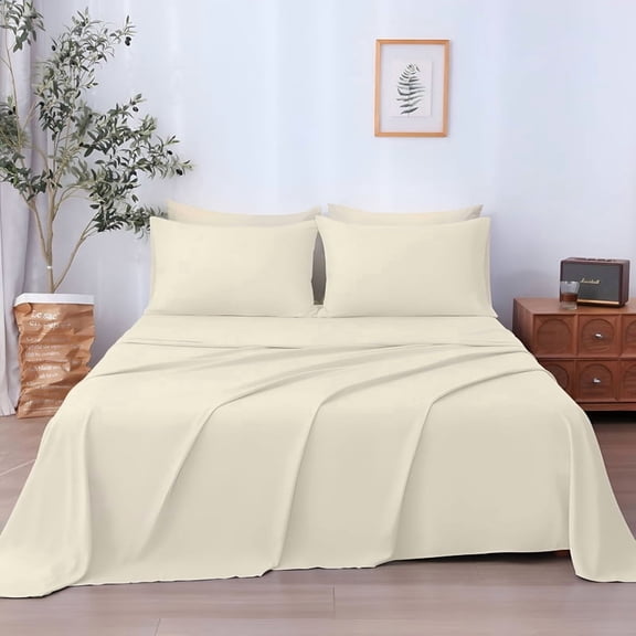 SKY BEDDINGS 4-Piece California King Sheet Set - Cooling , 100% Microfiber Sheet Set - Extra-Soft & Wrinkle-Free Sheets Fit Up to 15'' Deep Mattress - Ultra Soft & Lightweight Sheet - Ivory