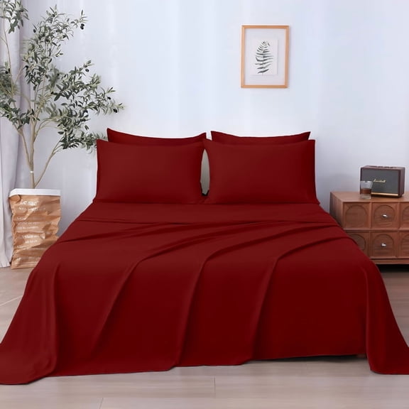 SKY BEDDINGS 4-Piece Queen Sheet Set - Cooling , 100% Microfiber Sheet Set - Extra-Soft & Wrinkle-Free Sheets Fit Up to 15'' Deep Mattress - Ultra Soft & Lightweight Sheet - Burgundy