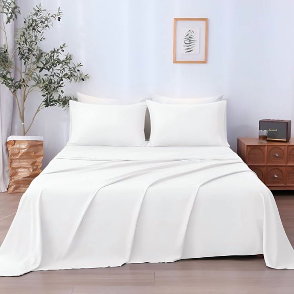 SKY BEDDINGS 4-Piece Queen Sheet Set - Cooling , 100% Microfiber Sheet Set - Extra-Soft & Wrinkle-Free Sheets Fit Up to 15'' Deep Mattress - Ultra Soft & Lightweight Sheet - White