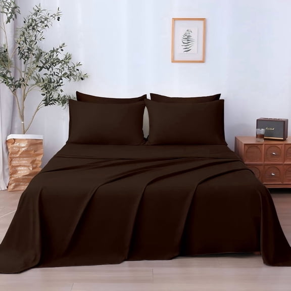 SKY BEDDINGS 4-Piece Short Queen Sheet Set - Cooling , 100% Microfiber Sheet Set - Extra-Soft & Wrinkle-Free Sheets Fit Up to 15'' Deep Mattress - Ultra Soft & Lightweight Sheet - Chocolate