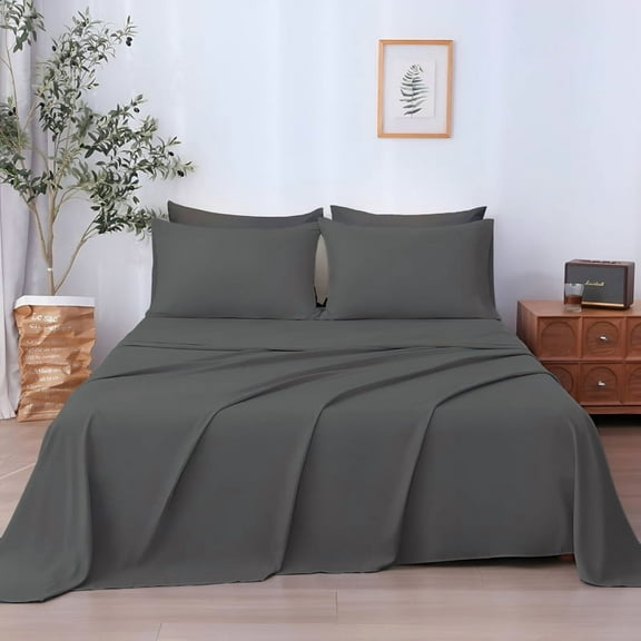 SKY BEDDINGS 4-Piece Short Queen Sheet Set - Cooling , 100% Microfiber Sheet Set - Extra-Soft & Wrinkle-Free Sheets Fit Up to 15'' Deep Mattress - Ultra Soft & Lightweight Sheet - Dark Grey