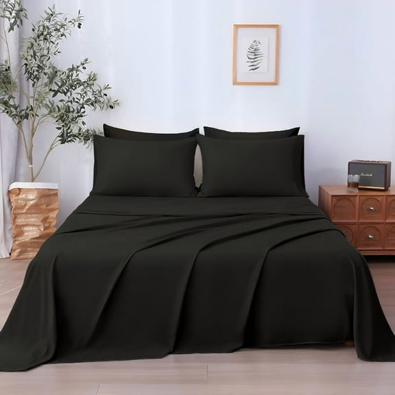 SKY BEDDINGS 4-Piece Short Queen Sheet Set - Cooling , 100% Microfiber Sheet Set - Extra-Soft & Wrinkle-Free Sheets Fit Up to 15'' Deep Mattress - Ultra Soft & Lightweight Sheet - Black