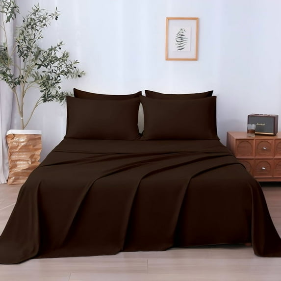 SKY BEDDINGS 4-Piece Short Queen Sheet Set - Cooling , 100% Microfiber Sheet Set - Extra-Soft & Wrinkle-Free Sheets Fit Up to 15'' Deep Mattress - Ultra Soft & Lightweight Sheet - Chocolate