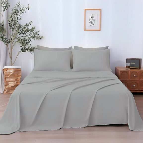 SKY BEDDINGS 4-Piece Short Queen Sheet Set - Cooling , 100% Microfiber Sheet Set - Extra-Soft & Wrinkle-Free Sheets Fit Up to 15'' Deep Mattress - Ultra Soft & Lightweight Sheet - Light Grey