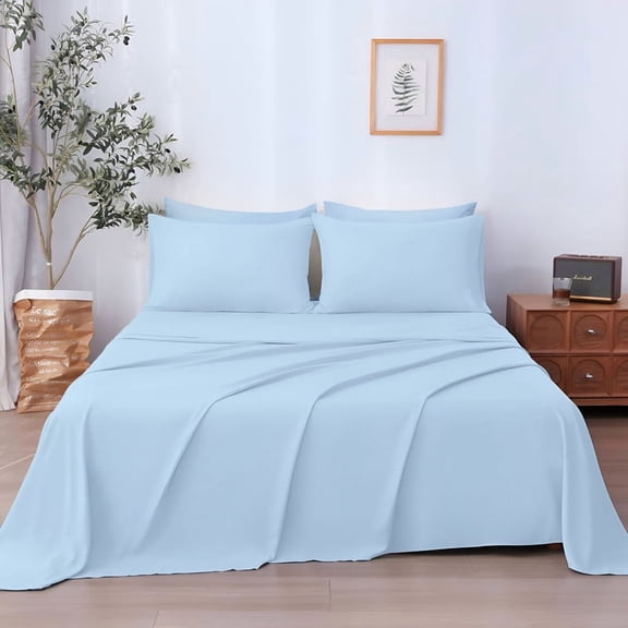 SKY BEDDINGS 4-Piece Short Queen Sheet Set - Cooling , 100% Microfiber Sheet Set - Extra-Soft & Wrinkle-Free Sheets Fit Up to 15'' Deep Mattress - Ultra Soft & Lightweight Sheet - Light Blue