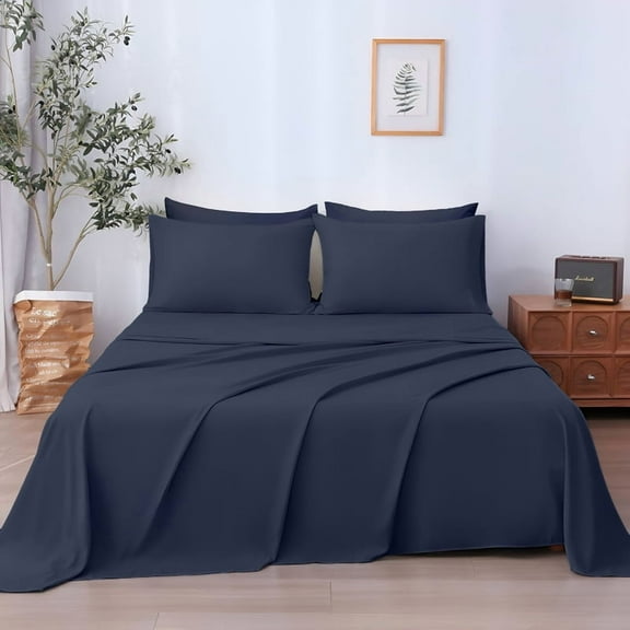 SKY BEDDINGS 4-Piece Short Queen Sheet Set - Cooling , 100% Microfiber Sheet Set - Extra-Soft & Wrinkle-Free Sheets Fit Up to 15'' Deep Mattress - Ultra Soft & Lightweight Sheet - Navy Blue